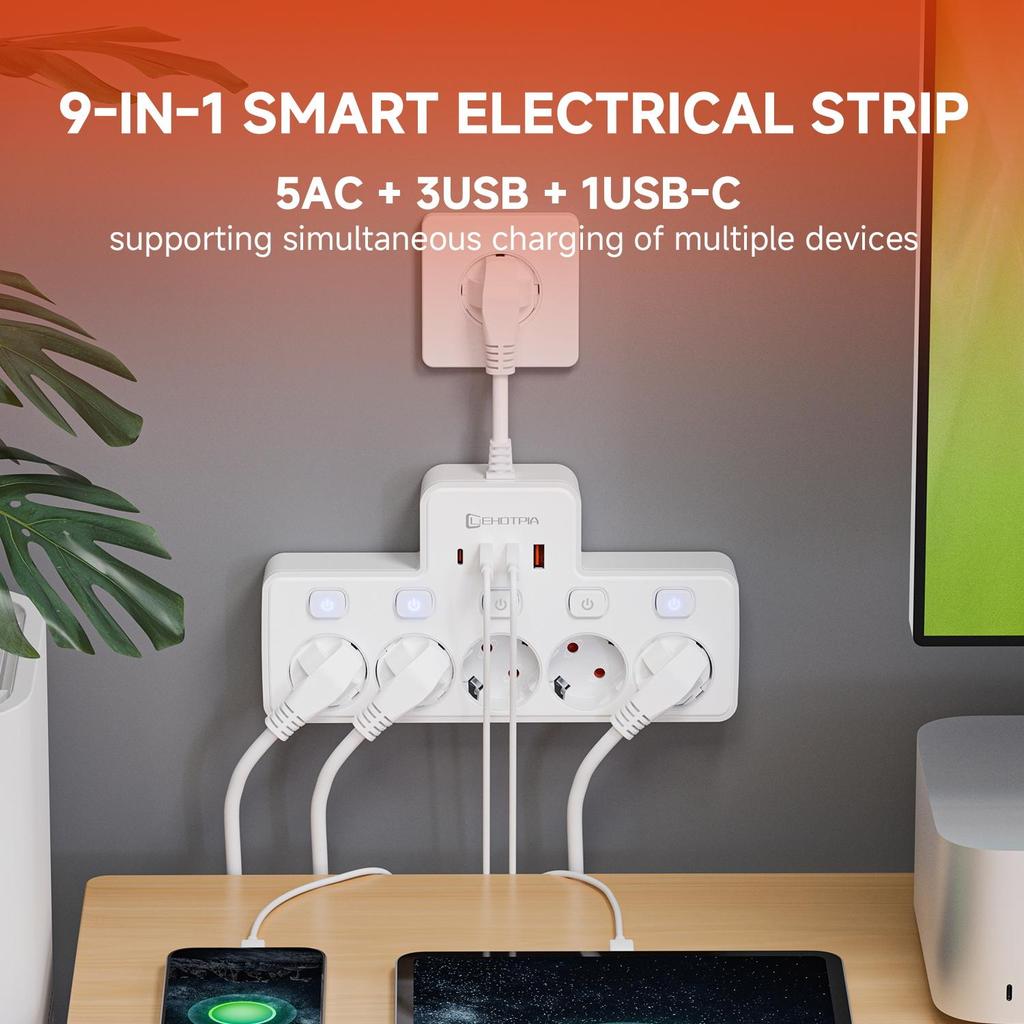 EU AC Plug Независимый выключатель настенный удлинитель 5 AC европейский стандартный сетевой фильтр с 3 USB 1 C портами зарядки