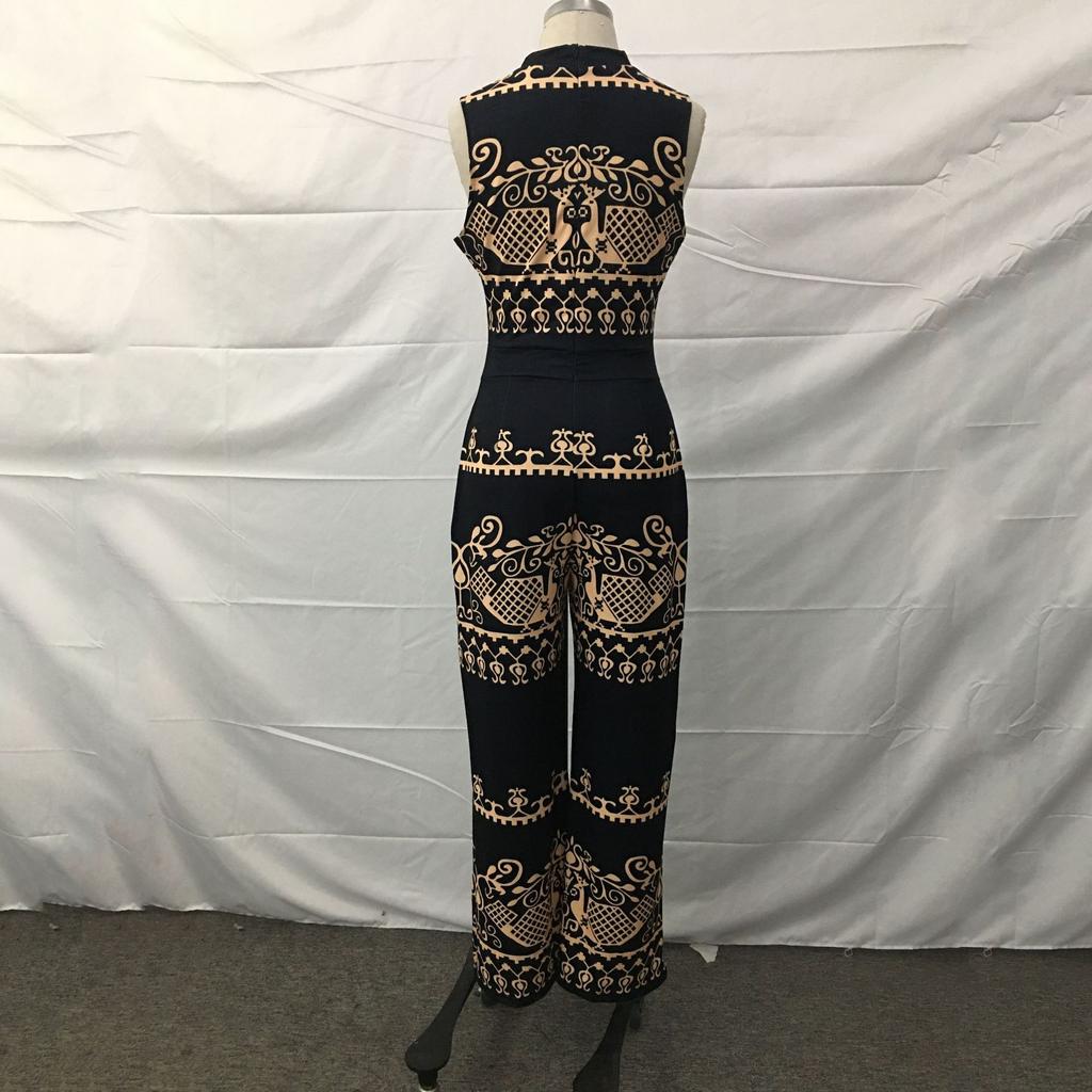 Женский облегающий комбинезон без рукавов с круглым вырезом и принтом