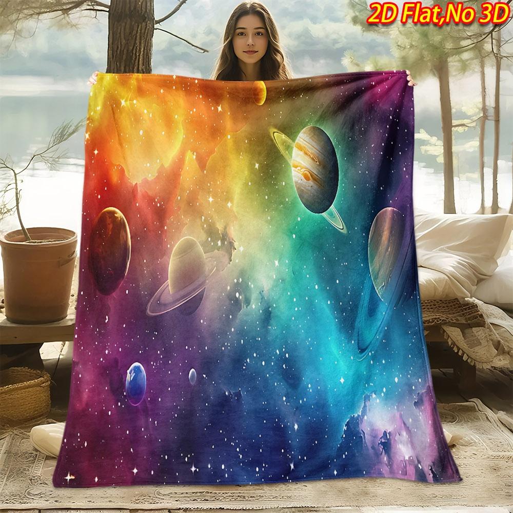 1pc 2D Flat Printing Spring And Summer New Arrival Space Starry Sky Planet Theme Digital Print Blanket, All-Season Use, Casual Throw, 100% Polyester F