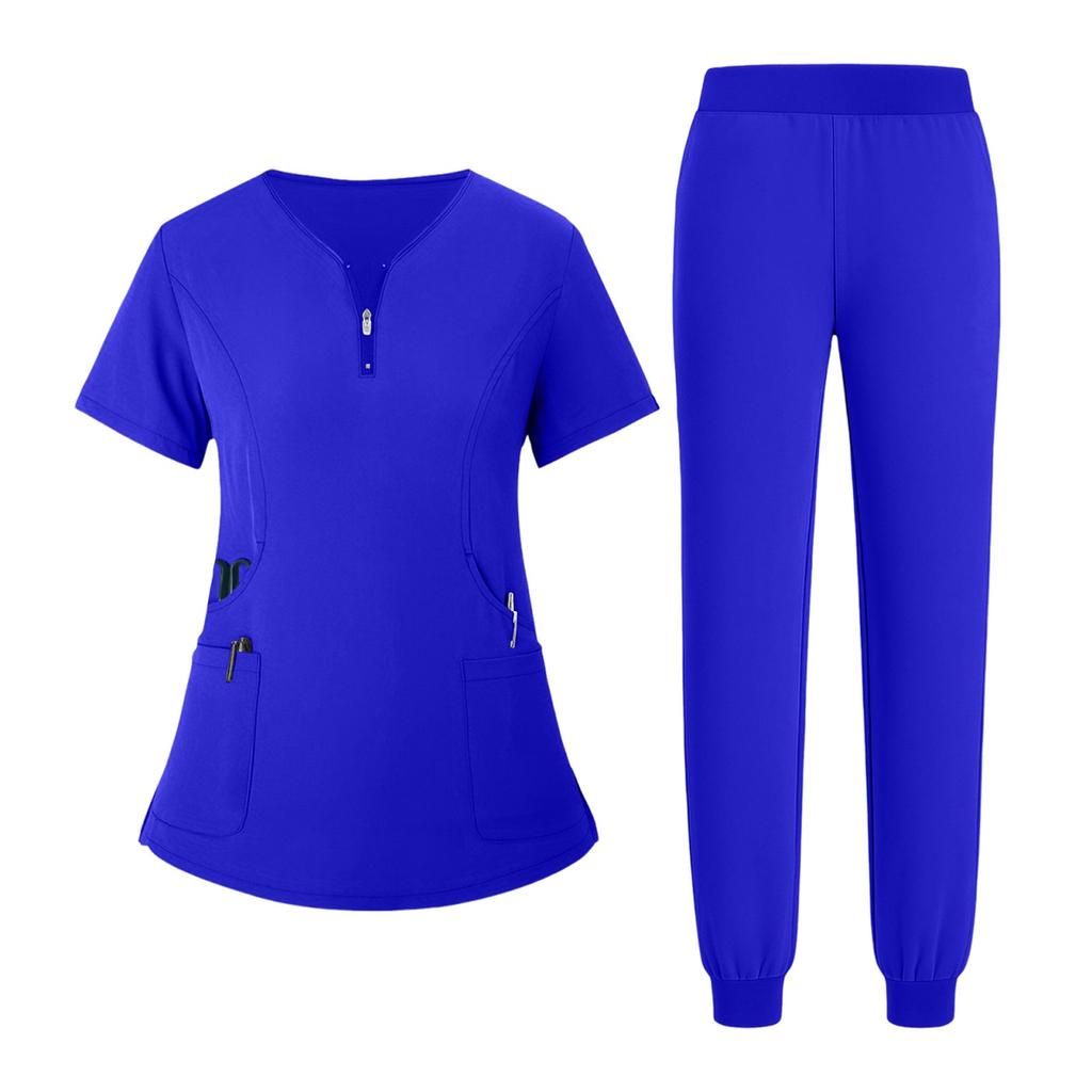 Women's Uniform Quick Drying Fabric Solid Color V-neck Zipper Pocket Short Sleeved Pants Set Caregiver Set