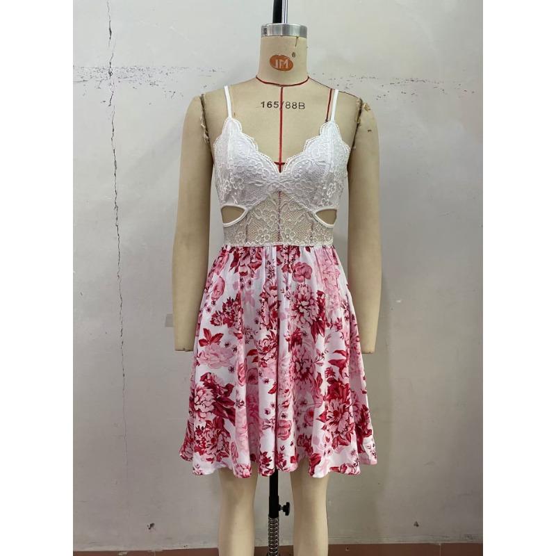 Женское летнее платье-комбинация с тонким ажурным цветочным принтом в стиле пэчворк