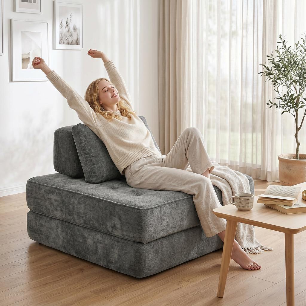 2-in-1 Boneless Cloud Sleeper Chair, Foldable Chenille Floor Chair with Thick Support Cushion, Gray