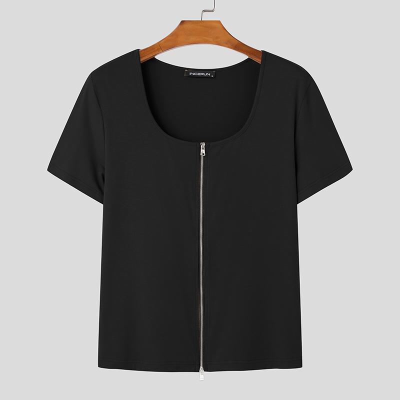 INCERUN Летние мужские футболки с коротким рукавом и U-образным вырезом на молнии, повседневные облегающие футболки, короткие топы