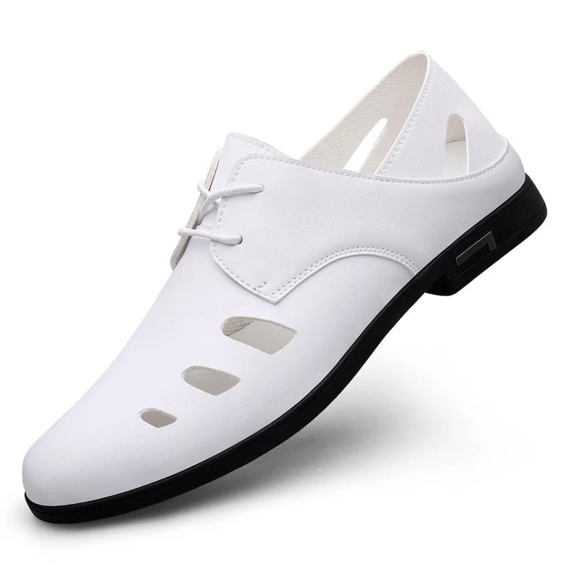 Fashion Summer Breathable Soft Soled Sandals White Hollow Lace Up Oxford Shoes for Men Brand High-quality Pointed Business Leather Shoes