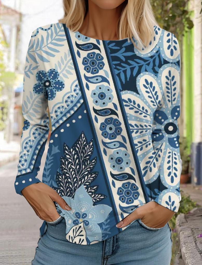 2024 Женские гавайские ретро-модные топы с длинным рукавом и круглым вырезом, повседневная футболка с длинным рукавом, дизайнерская новинка