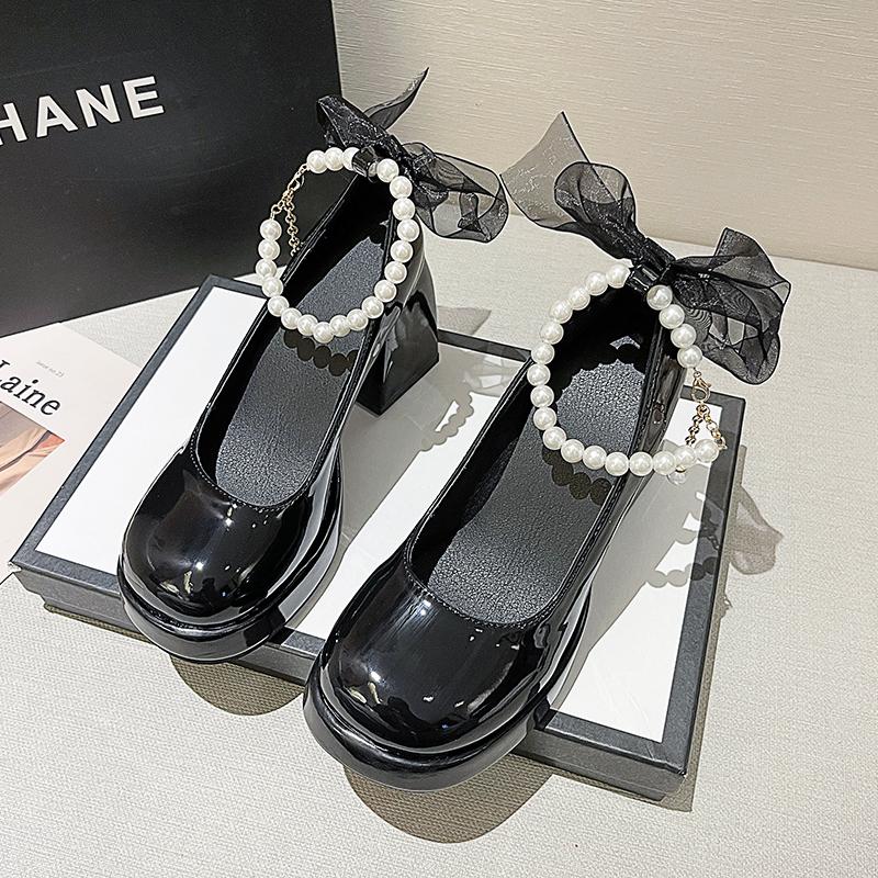 Женские новые осенние массивные туфли-одинарки с круглым носком, мелким вырезом, украшенные бантом-бабочкой и бусинами, на платформе и высоком каблуке