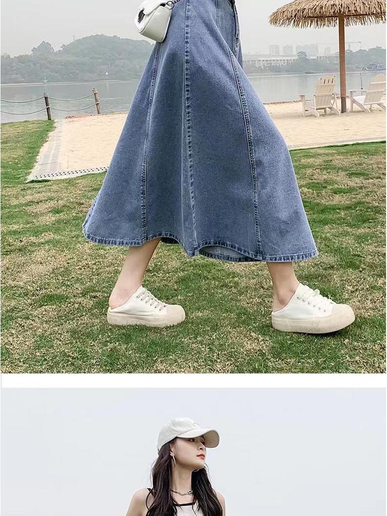 Women's High Waist A-Line Denim Skirt - Fashionable, Slim, Medium-Length, Big Swing, Loose Umbrella Design Over the Knee.