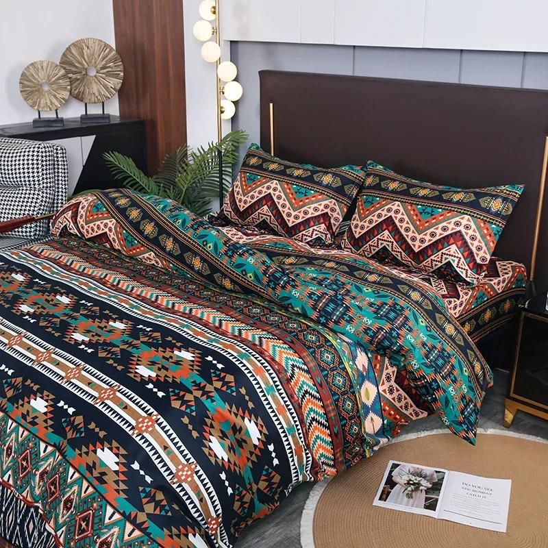 3pcs Boho Bedding Set Striped Geometric Duvet Cover and Pillowcases In Brown Ethnic and Traditional Style Soft Cozy Quilt Covers