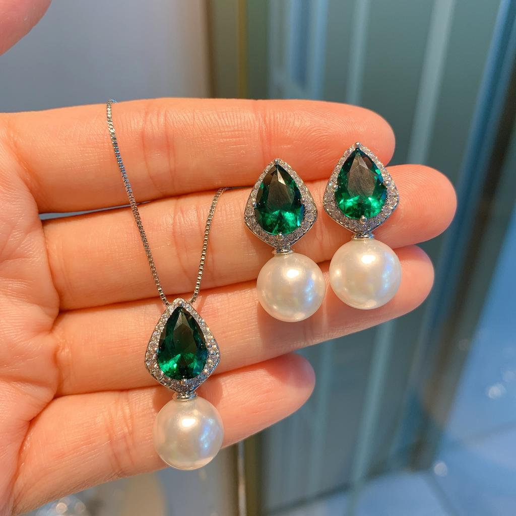 Hot Emerald Pear Necklace European American Earrings Jewelry Pearl Necklace Wedding Dinner Party Accessories