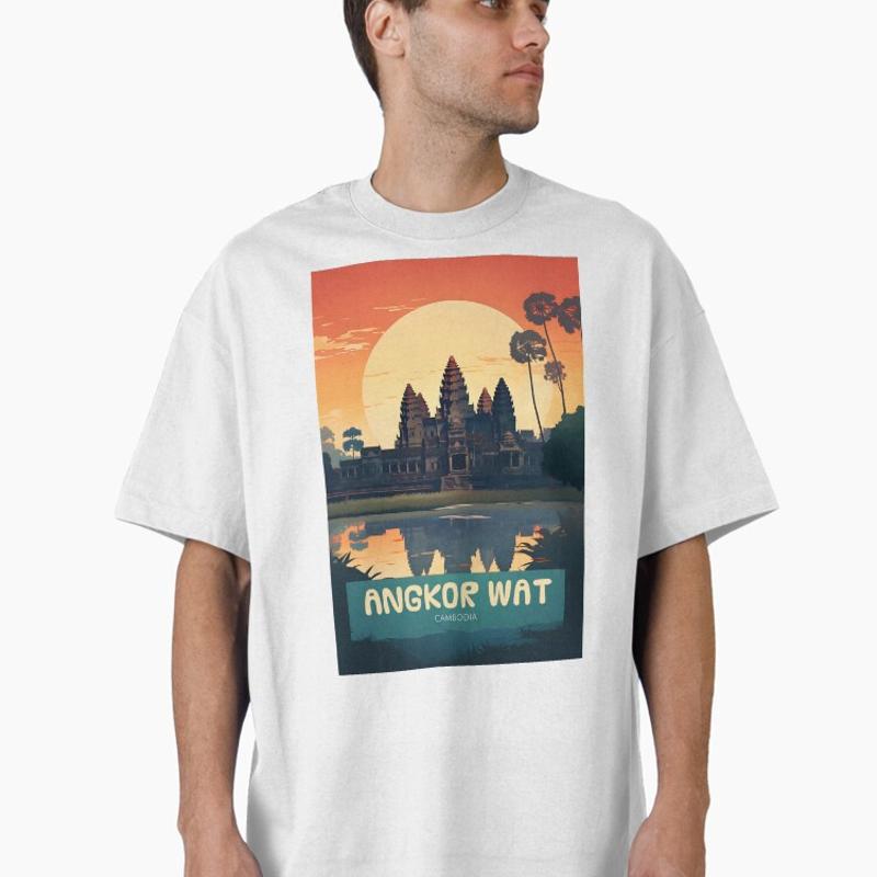 Angkor Wat Cambodia Sunset Temple Art Oversized T-Shirt