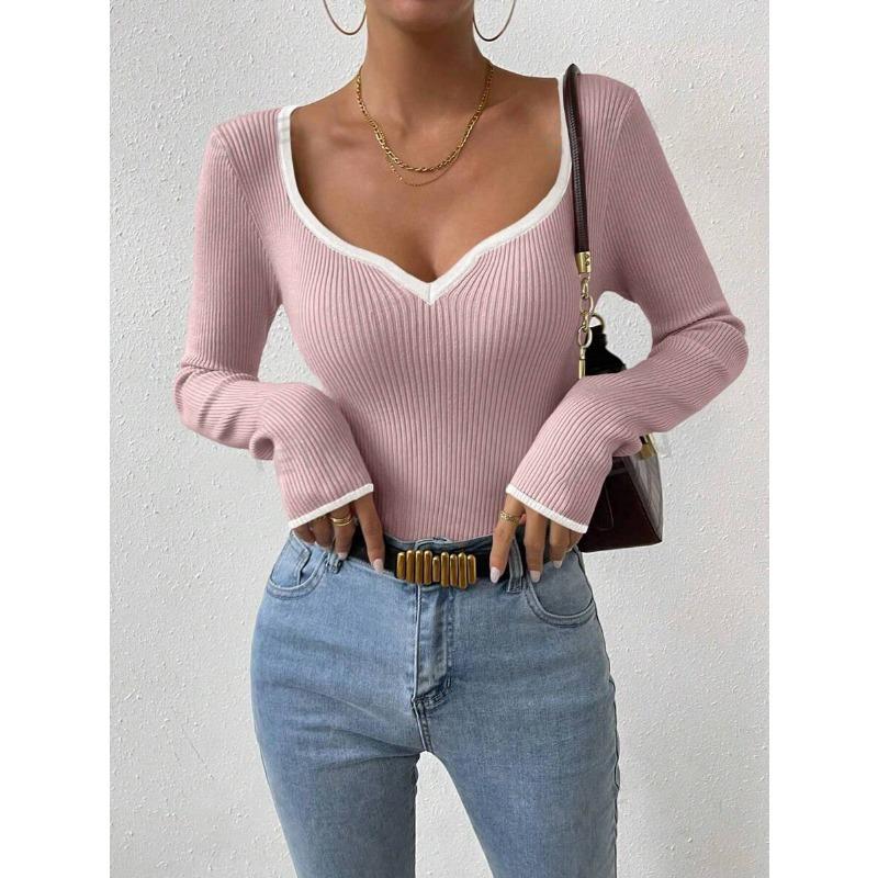 Женский свитер с V-образным вырезом и полосатым низом, сексуальный, однотонный