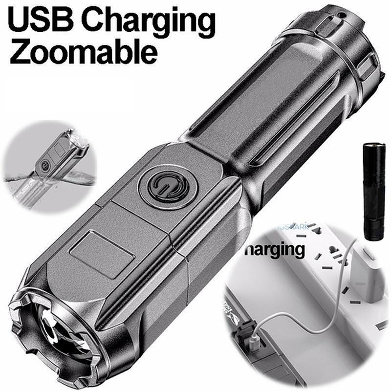 Мощный светодиодный тактический фонарик, перезаряжаемый через USB, с зумом, водонепроницаемый ручной фонарь для кемпинга, походов, рыбалки и аварийного поиска