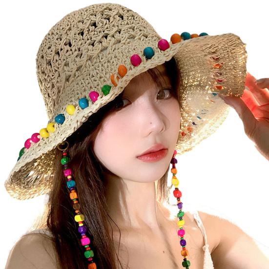 Women Straw Hat Wide Brim Breathable Straw Weaving Hat with Colorful Beads Decor Flexible Edges Sun Hat