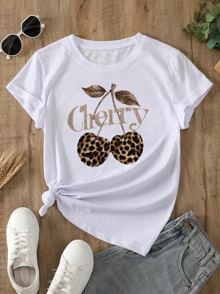 Women's T-shirt Leopard Cherry Printed Casual Fashion Short Sleeve T-shirt Soft Comfortable Summer Casual Women Clothing