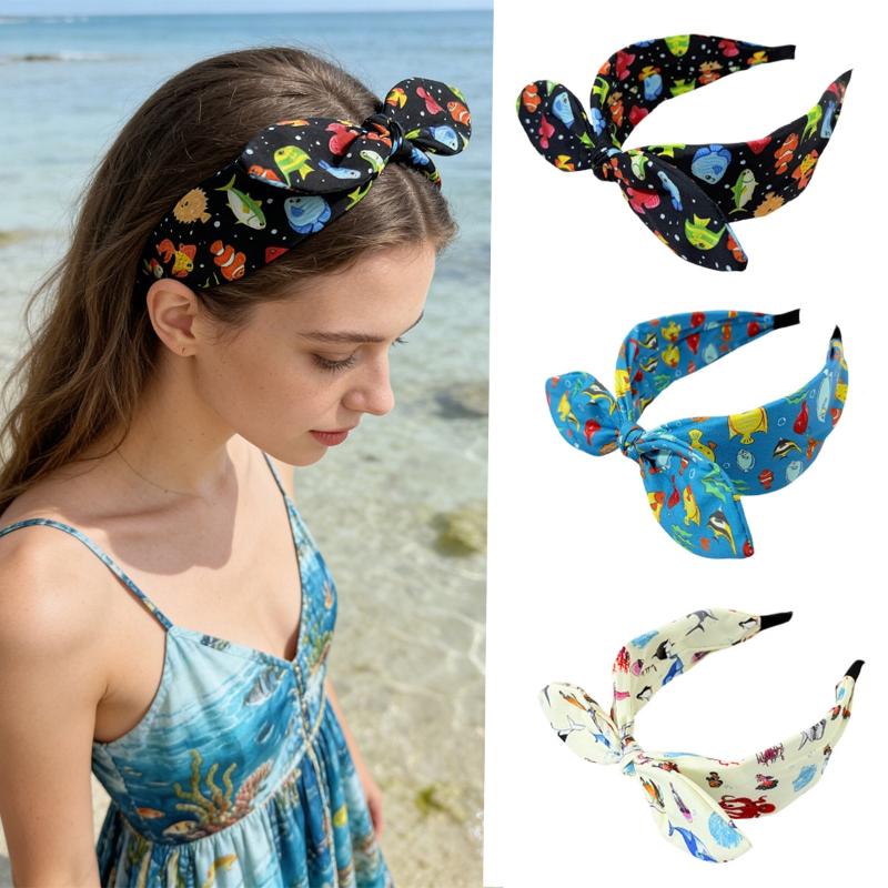 Non Slip Ocean Fish Print Headband with Cute Bow Perfect for Wide Hair Hoop Lovers