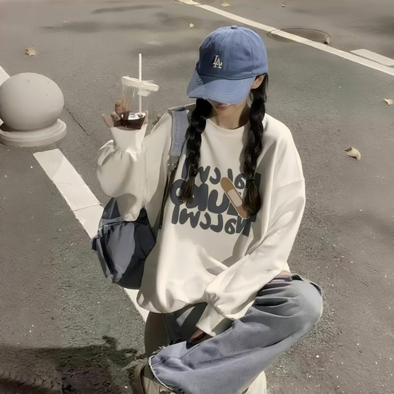 Spring 2025 Girls' Cotton Crew Neck Fleece Sweatshirt, Big Kids, Middle & High School, Loose Fit, Long-Sleeved, No Hood