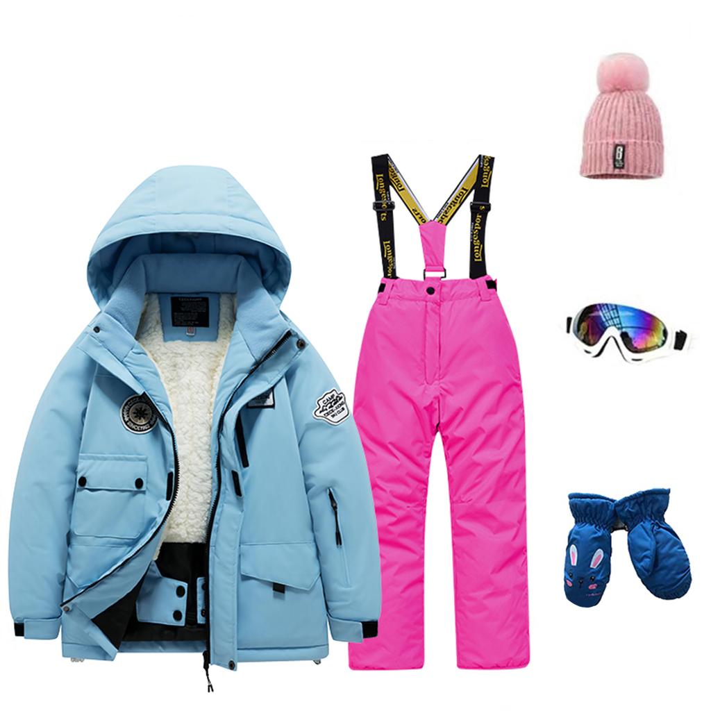 Детский модный лыжный комплект для мальчиков и девочек, утепленный, водонепроницаемый, термобелье, костюм из пяти предметов с курткой и брюками
