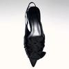 Black Satin Pleated Bow Design High Heels Women Fashion Pointed Toe Kitten Heel Slingback Sandals Elegant Banquet Dress Shoes