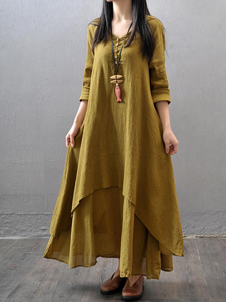 Элегантное винтажное свободное платье с V-образным вырезом из двух частей, женское модное дизайнерское однотонное платье с длинным рукавом и оборками, женская шикарная тонкая нестандартная одежда