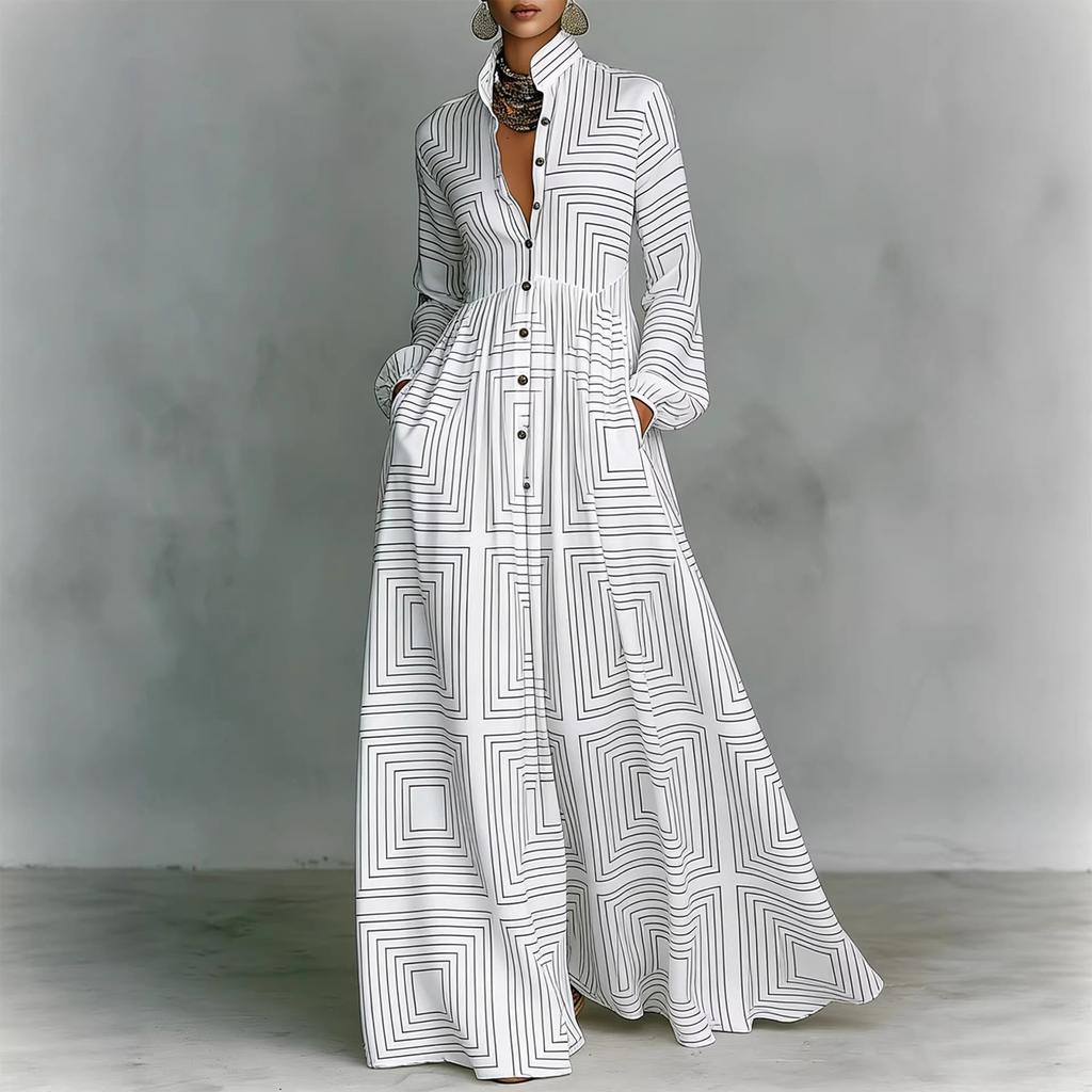 Women's Fashionable Stand Up Collar Long Sleeved Floral Print Waist Slimming Retro Casual Vacation Dress