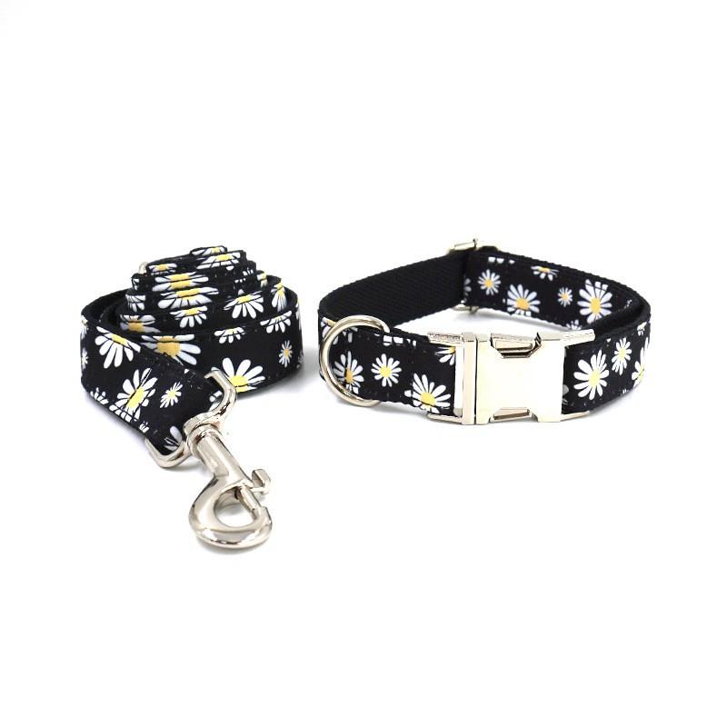 Adjustable Daisy Print Dog Collar With Matching Leash Set Small To Large Breeds Non-Stretch Nylon Pet Accessories