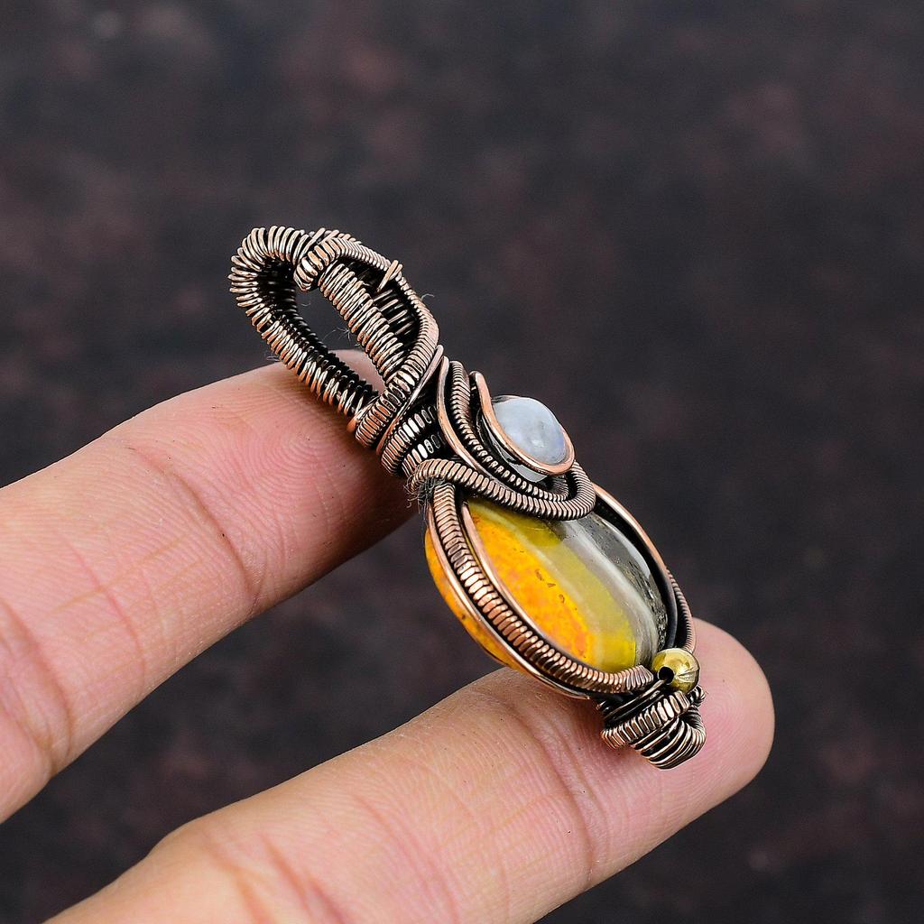 Подвеска из медной проволоки в виде яшмы шмеля, подвеска из радужного лунного камня, ювелирные изделия из натурального драгоценного камня, уникальная подвеска ручной работы, ювелирные изделия из медной проволоки