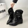 Осень/Зима 2025 Новые Остроносые Ботильоны Ковбойские Ботинки Европейские Американские Женские Челси На Плоской Подошве До Середины Икры Ботинки-Юбки