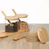 Kitchen Glass Condiment Jar Set Wood Lid with Tray Spoon Clear Seasoning Spice Salt Jar Dust-Proof Coffee Beans Organizer Bottle