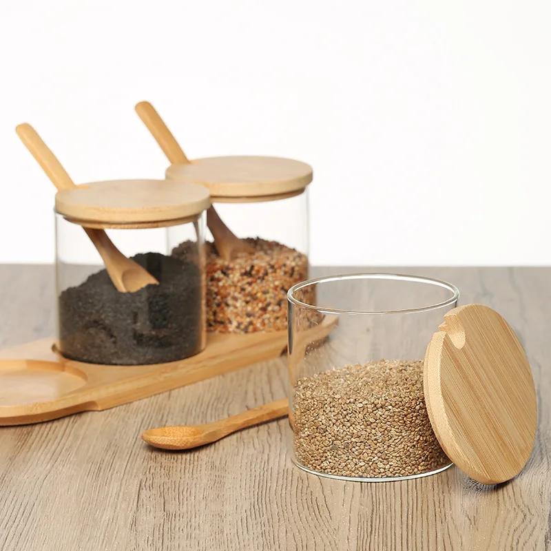 Kitchen Glass Condiment Jar Set Wood Lid with Tray Spoon Clear Seasoning Spice Salt Jar Dust-Proof Coffee Beans Organizer Bottle