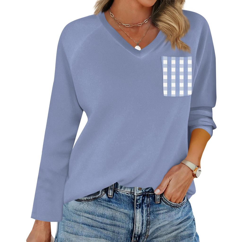 Женская футболка реглан с длинным рукавом, V-образным вырезом, вставками однотонного цвета, повседневный топ-пуловер, V-образный вырез, карман, базовая рубашка