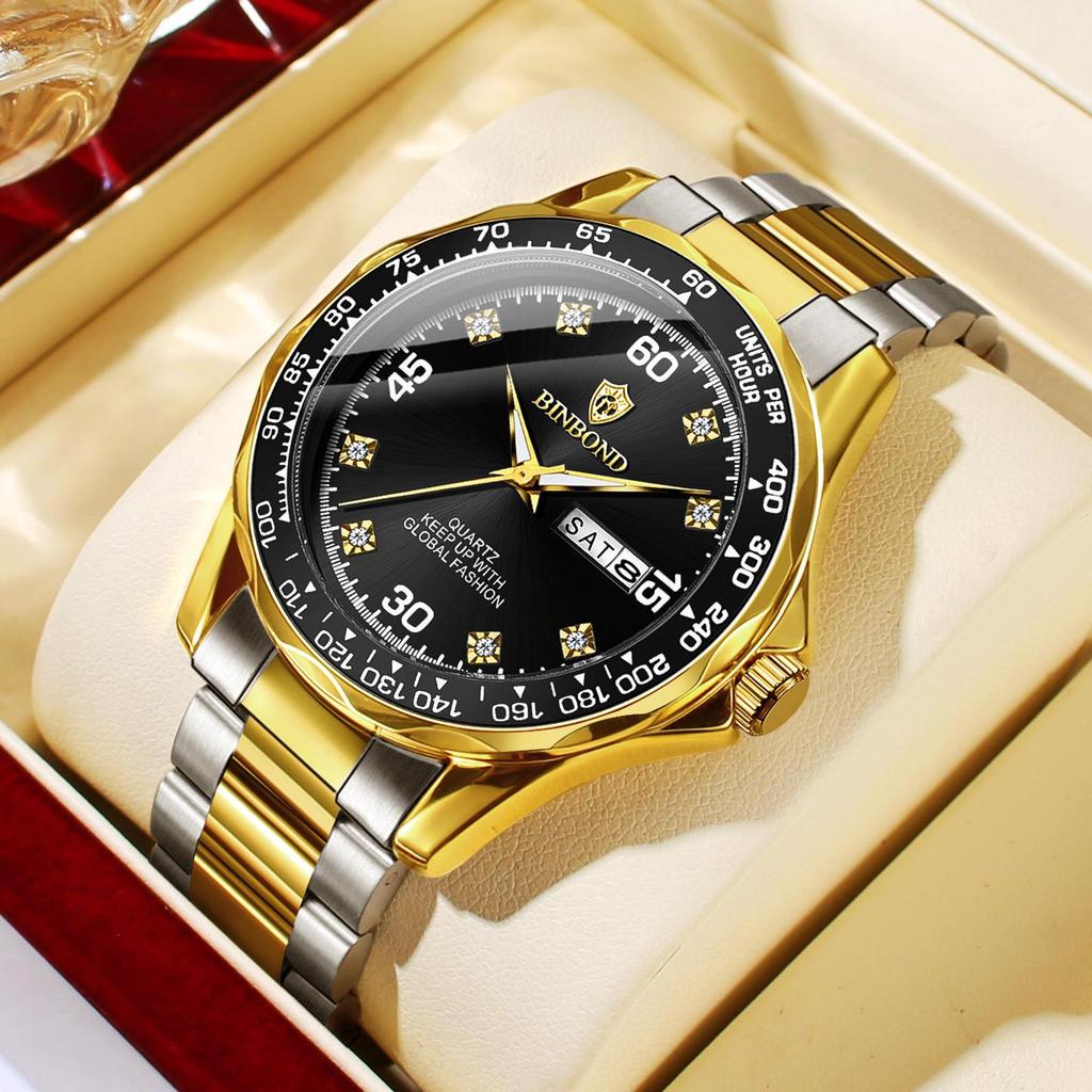 Мужские кварцевые часы Binbang Green Submariner, двойной календарь, стальной браслет, водонепроницаемые, для бизнеса.