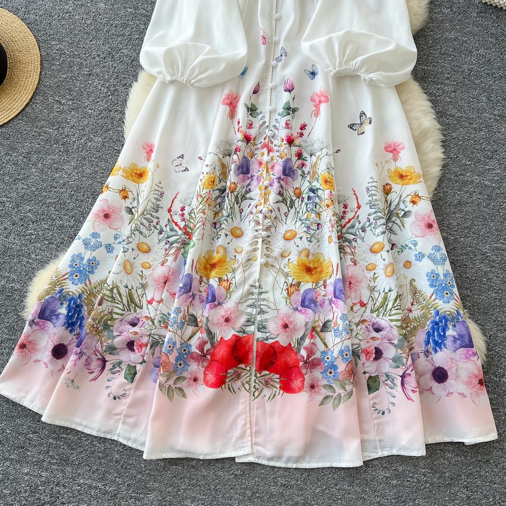 Spring Summer Women Retro Print Single Breasted Long Maxi Big Swing Vacation Beach Dresses with Belt