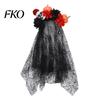 Halloween Costume Headband Pumpkin Skull Floral Headband, Stable Hair Hoop with 3D Artificial Spiderweb Flowers And Black Gauze Gothic Party