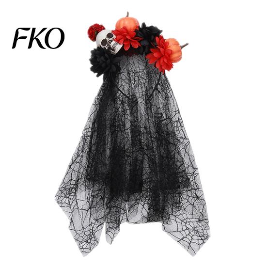 Halloween Costume Headband Pumpkin Skull Floral Headband, Stable Hair Hoop with 3D Artificial Spiderweb Flowers And Black Gauze Gothic Party