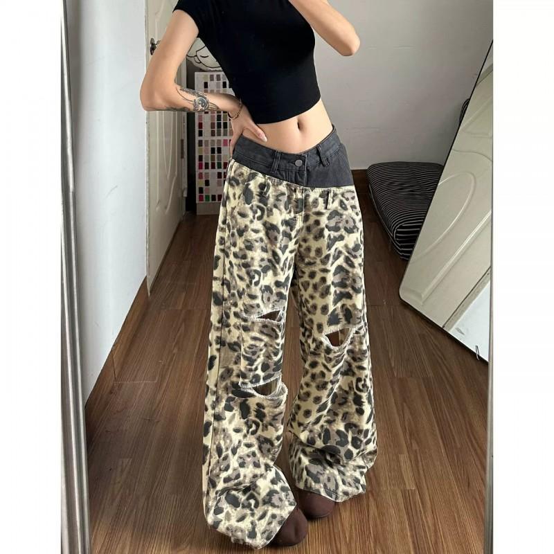 Womens 2026 Loose Double Waistband Wide Leg Denim Jeans Vintage Leopard Print Distressed Trousers