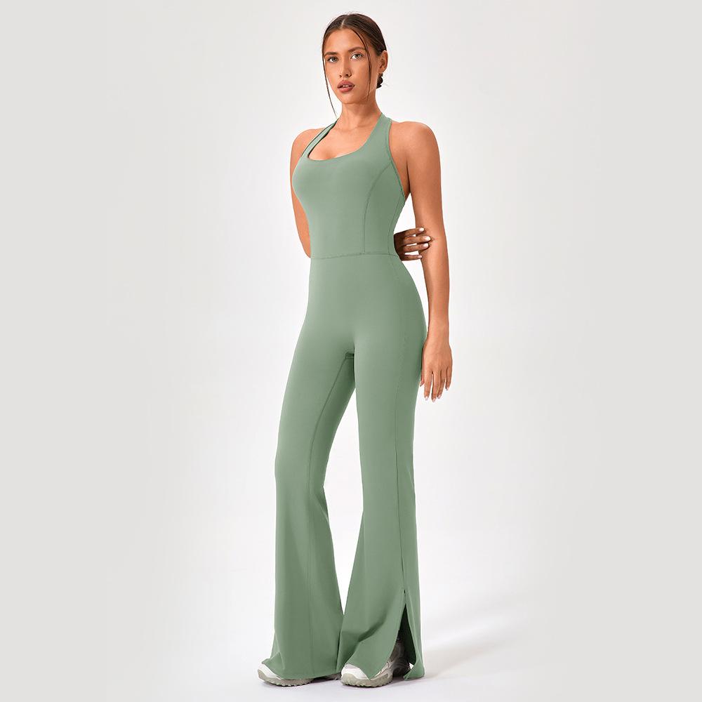 Костюм для йоги, цельные расклешенные брюки, женский телесный облегающий танцевальный фитнес-костюм, спортивный комбинезон для бега и подъема бедер