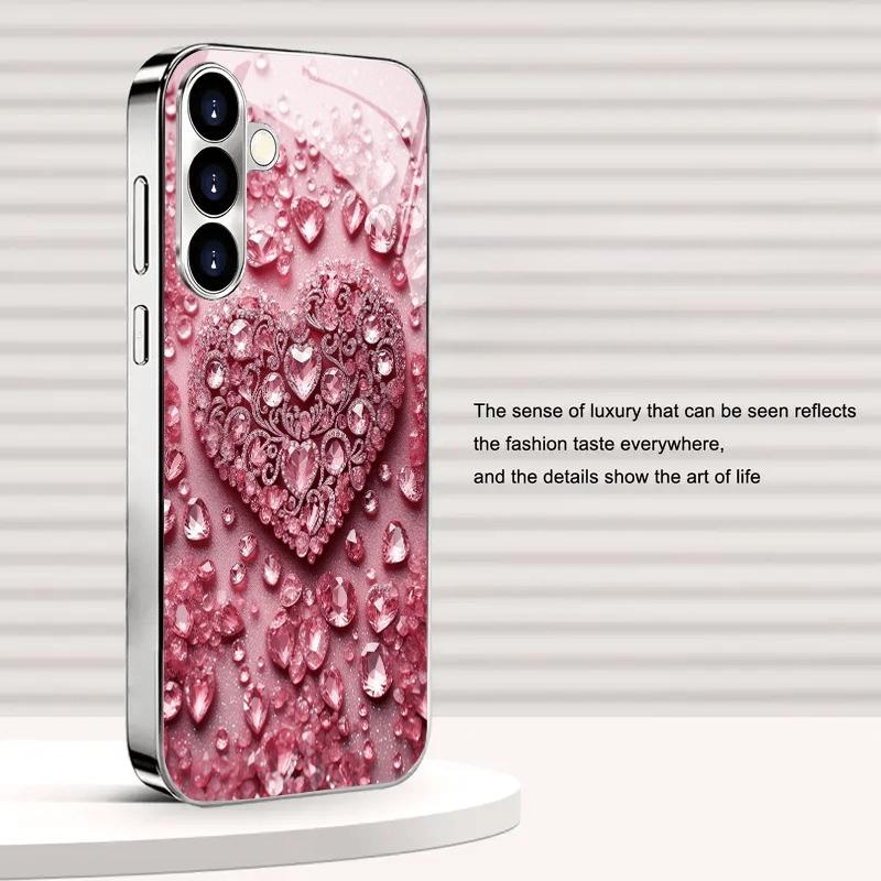Позолоченный чехол для телефона из закаленного стекла, совместимый с Galaxy S26 S25 S24 S23 S22 Ultra Plus. Имеет дизайн в виде розового сердца с драгоценным камнем.
