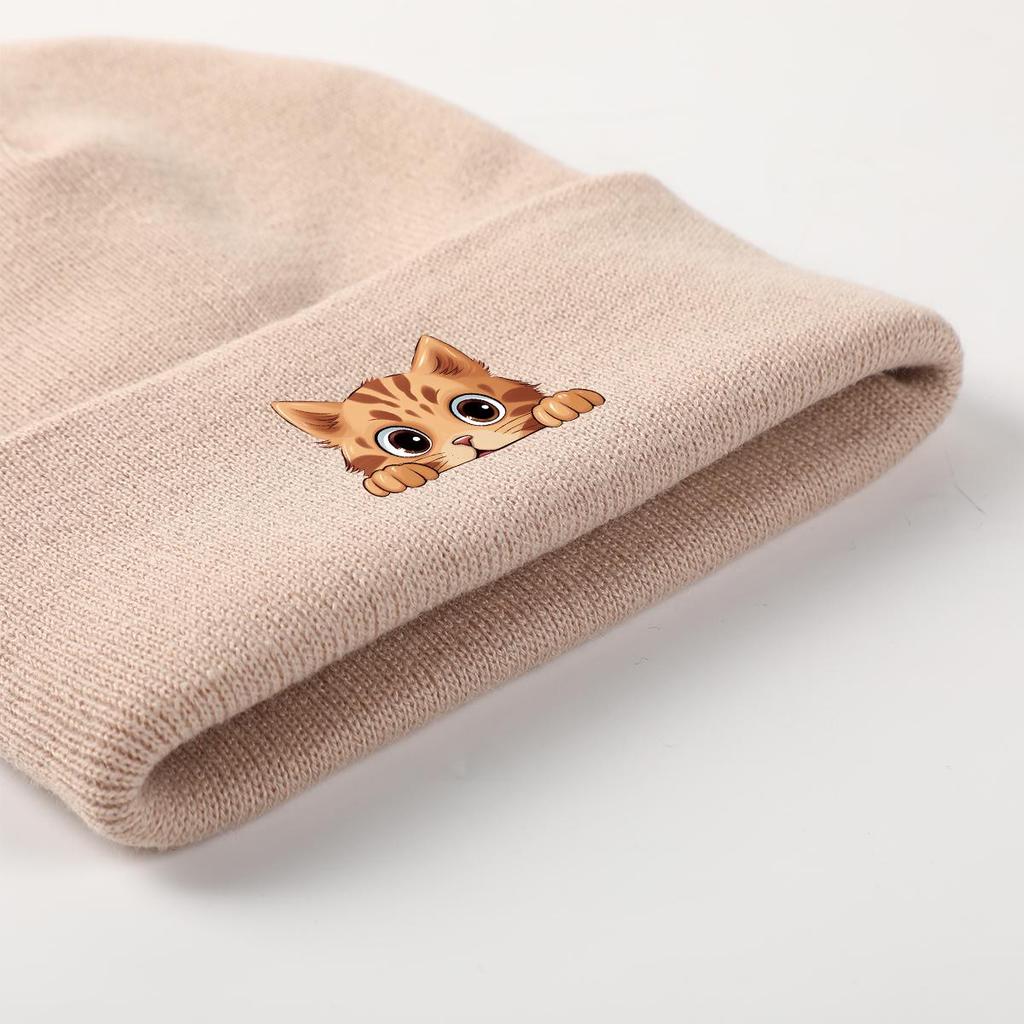 Cartoon Ginger Cat Winter Knit Cap Beanie, Animal Woman Cap Versatile Candy Color Sporting Pompom Beanies Knitted Hat Beanie