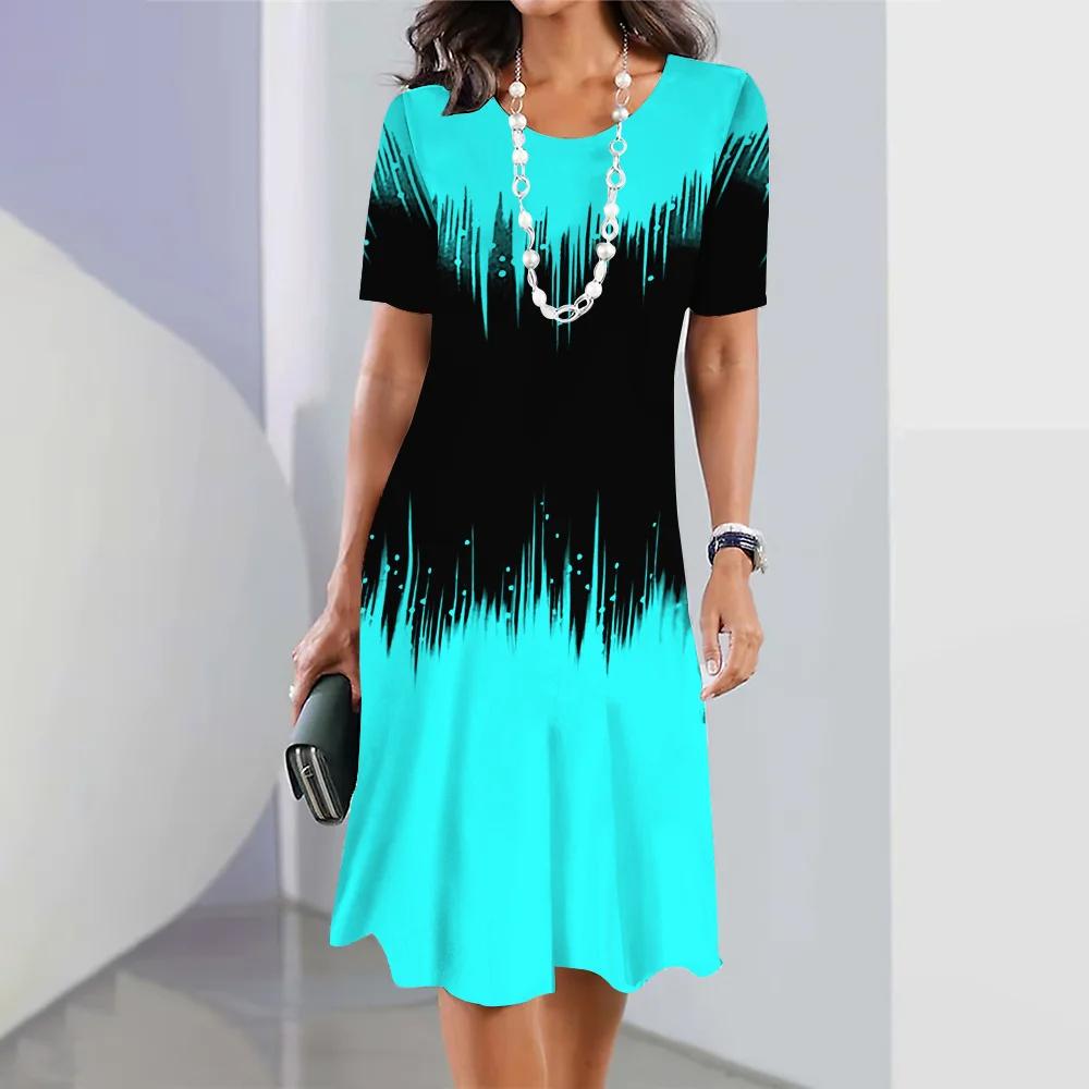 Женские платья 3D Color Blocking Printing Dress Элегантные топы с короткими рукавами Одежда Ретро-юбка А-силуэта Вечерняя красочная одежда