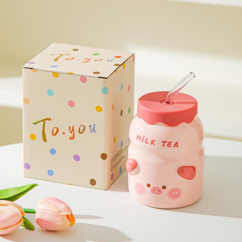 Керамическая чашка-соломинка с крышкой Летняя необходимая чашка для воды Девичья бытовая чашка Чашка для сока Чашка для холодных напитков