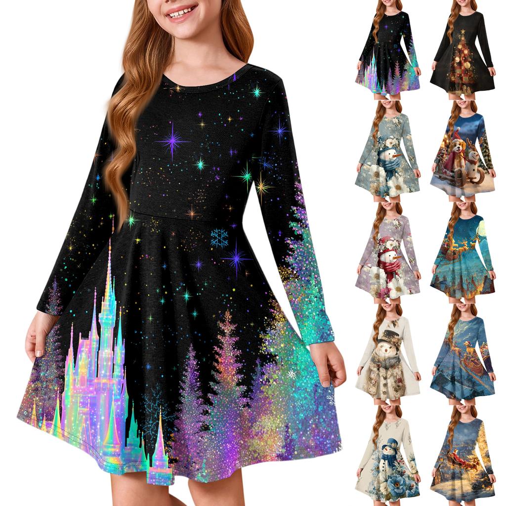 Girls' Princess Dress - Long Sleeve A-Line T-Shirt Dress Christmas Day