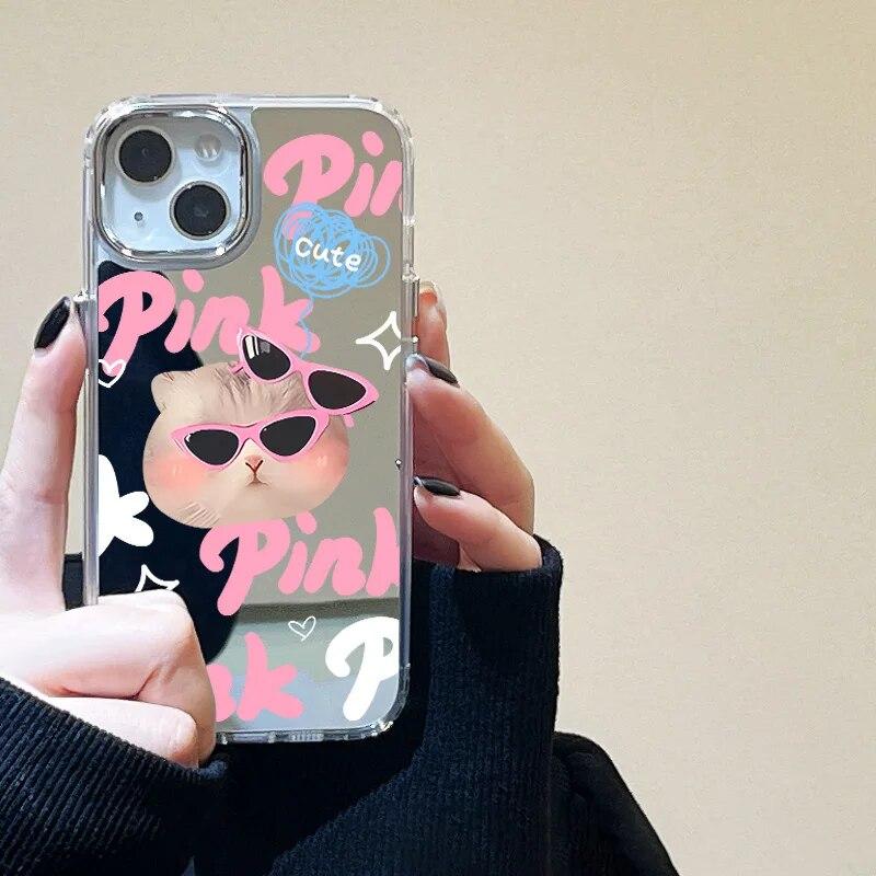 Korean Cute Cartoon Cat Mirror Phone Case For iPhone 15 Pro Case iPhone 14 11 12 13 Pro Max X XS XR Shockproof Love Heart Cover