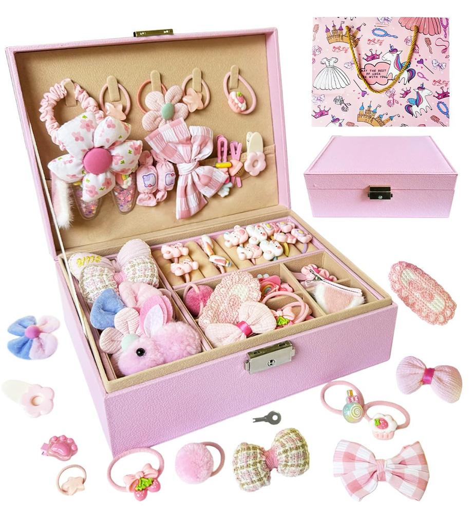 DINETTE Kids Hair Accessory Set with Jewelry Box and Includes Hair and Ribbons Lock, Hairpins, Ties, (Pink)