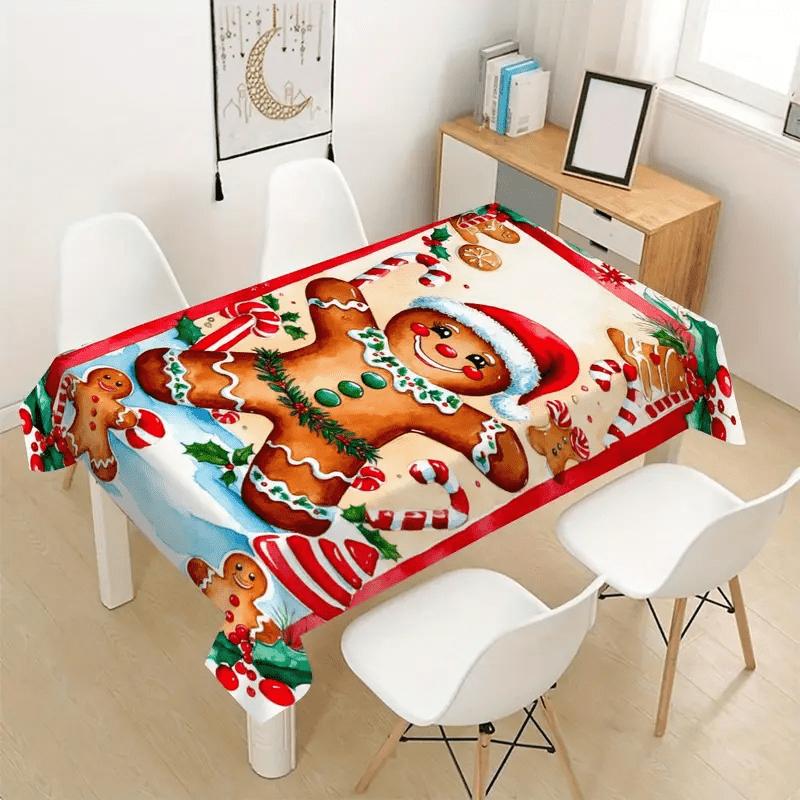 1pc Extra Large Christmas Gingerbread Tablecloth - 152.4x218.44 cm Rectangular Holiday Table Cover with Gingerbread Men, Candy Canes, Snowflakes - Eas