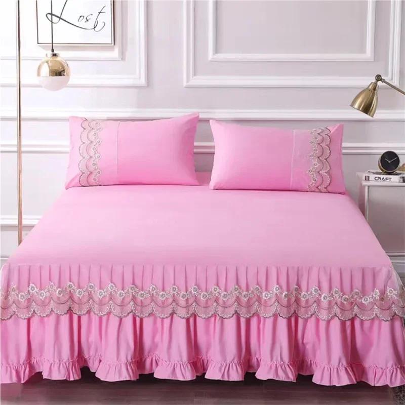 3pcs Bed Skirt Set with Ruffle Lace Anti Slip 1 8x2 0m Bed Cover Solid Mattress Dust Cover Pillowcase