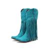 Women Western Cowboy Boots Block Medium Heels Tassel Fringe Kneehigh Boots Lady Winter Shoes