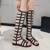 Fashion Roman Tall Lace-Up Sandals Women's Summer Round Toe Cutout Long Tube No Knee One Strap Flat Open Toe Cooling Boots