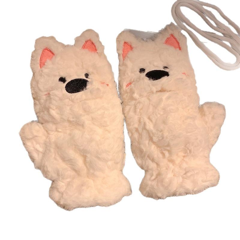 Cute West Highland Plush Flip Finger Gloves Women's Winter Warm Student Writing Anti-Freeze New