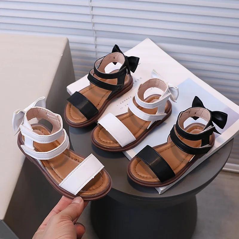 Little Girl's Sandals Gladiator Style Black White Children Sliders Flat Pu Leather Fashion Hook-loop Kids Summer Shoes 21-30