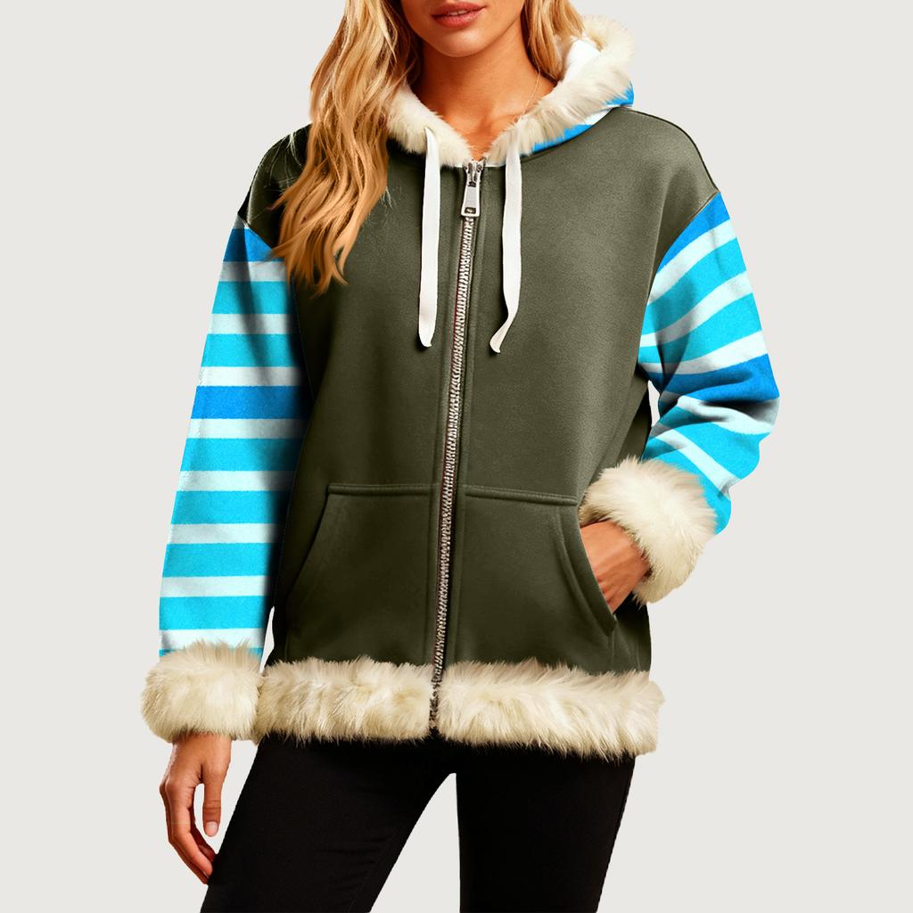 Женская Удобная Свободная Модная Повседневная Толстовка-Куртка с Длинным Рукавом, Карманами и Капюшоном с Полосатым Принтом